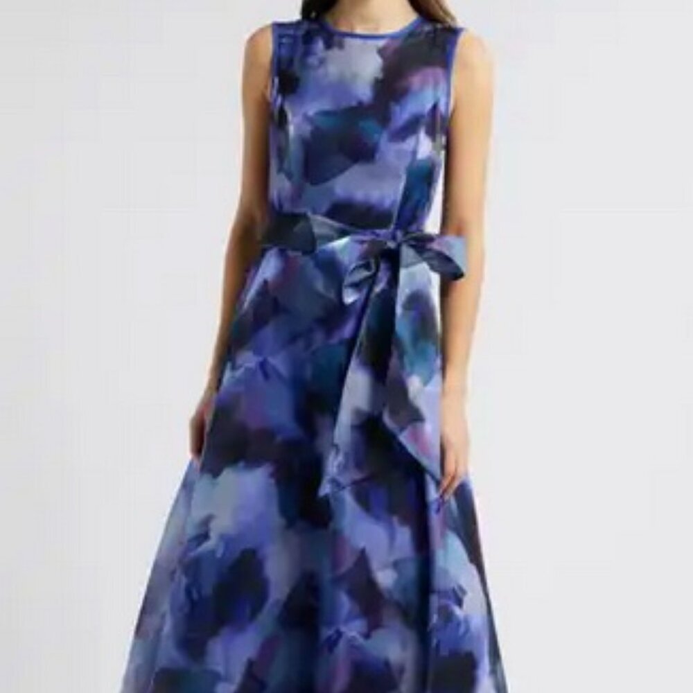 Eliza J Blue Black Multi Abstract Print Sleeveless A-Line Gown